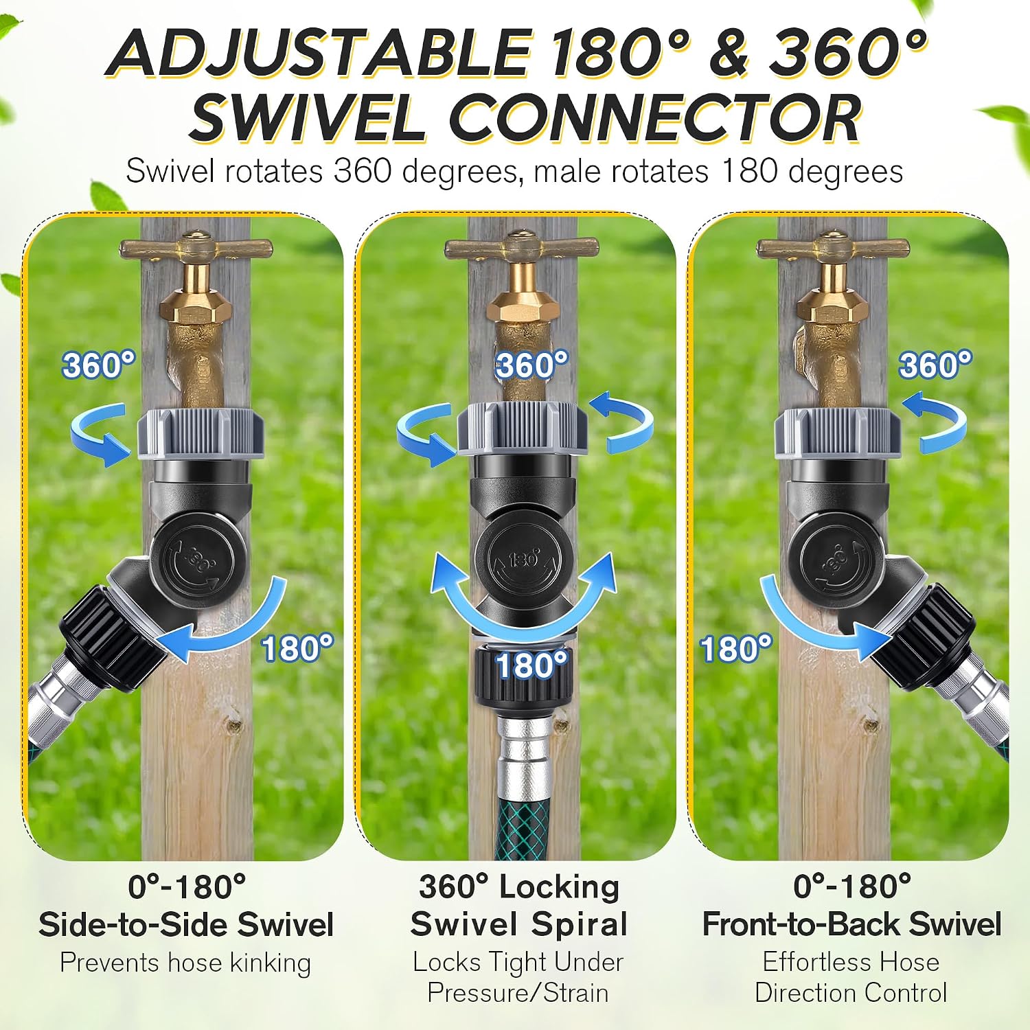 1 Pack Garden Hose Swivel Connector with 180° & 360° Rotation | 180°/360° Swivel Design,  Hose Kinks, 3/4" GHT Compatibility, Outdoor Faucet Watering Upgrade