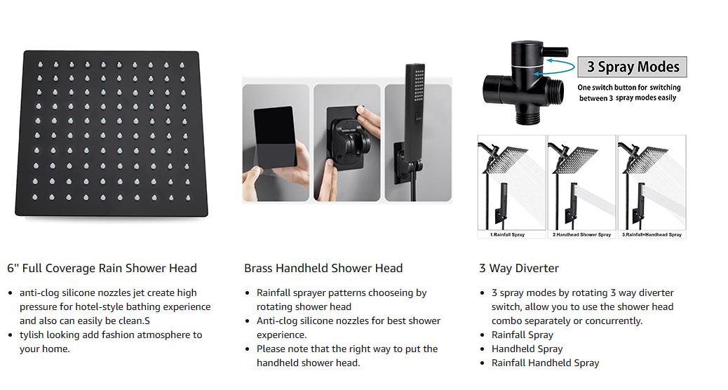 6/8"High Pressure Square RainShower Head and 2-in-1 HandShower.Equipped with 78"Hose, 3Way Diverter Valve,Adhesive ShowerHead Holder