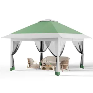 Garvee 13x13FT Pop-Up Gazebo, Outdoor Canopy with Mosquito Netting and Privacy Screen, Pavilion Tent for Patio, Backyard, Garden, Lawn, Deck(Olive Green & Gray)