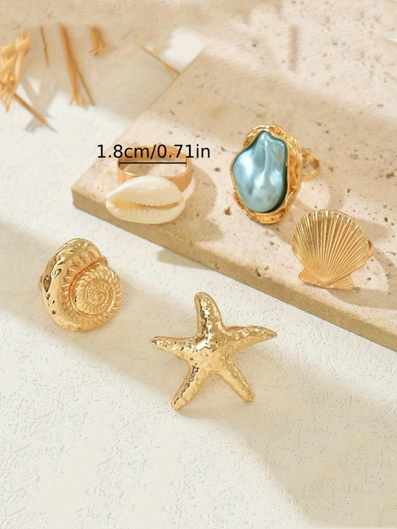 5pcs French-Style Baroque-Inspired Rings, Vintage Starfish Conch Seashell Designs, Elegant Accessories for Women, Daily Wear or Vacations