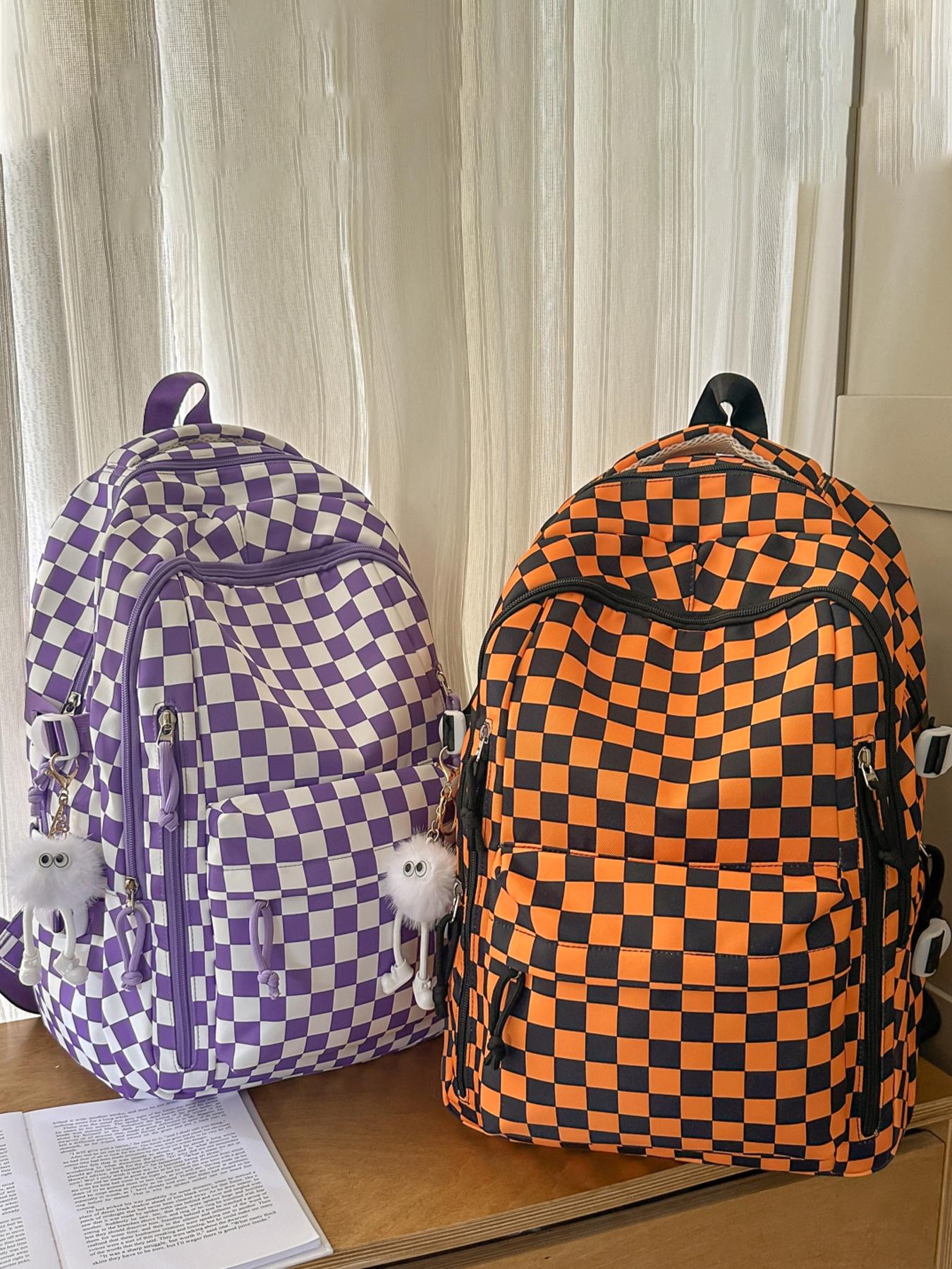 1pc  Women's backpack with large capacity, zipper closure, checkered pendant, fashionable and versatile, suitable for students to go to school, campus, go to work, commute, women's backpack, Plaid Pattern Backpack