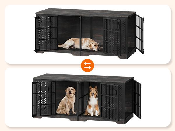 HOOBRO Dog Crate Furniture for 2 Dogs, Heavy Duty Double Kennel with Removable Divider & 4 Doors, Dog Crate TV Stand with 2 Metal Pegboards, 2 Name Plates, 8 S-Hooks, for Medium Large Dogs