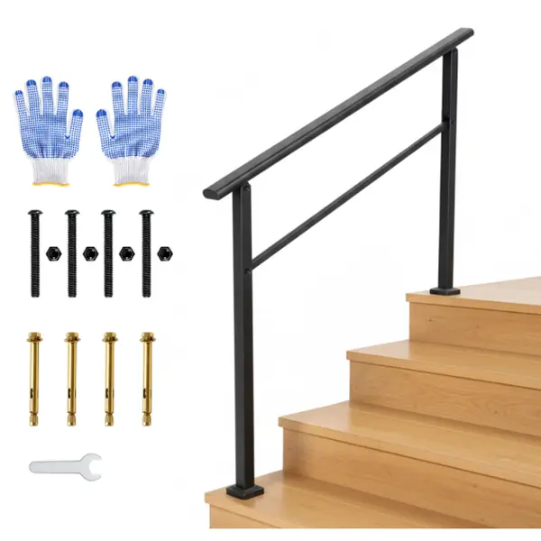 Outdoor Handrail for Steps, 4 Step Stair Handrail & Indoor Stair Railing Kit, Black Aluminum Railing with Iron Poles for Outdoor Indoor Steps & Porch, Includes Gloves (1 Pack)