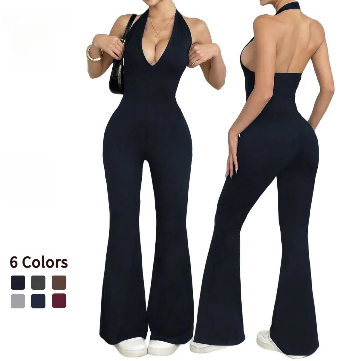 Women's Halter Deep V Backless Flare Seamless Butt-Lifting Bodycon Sports Jumpsuit - Ideal for Gym Workouts, Yoga