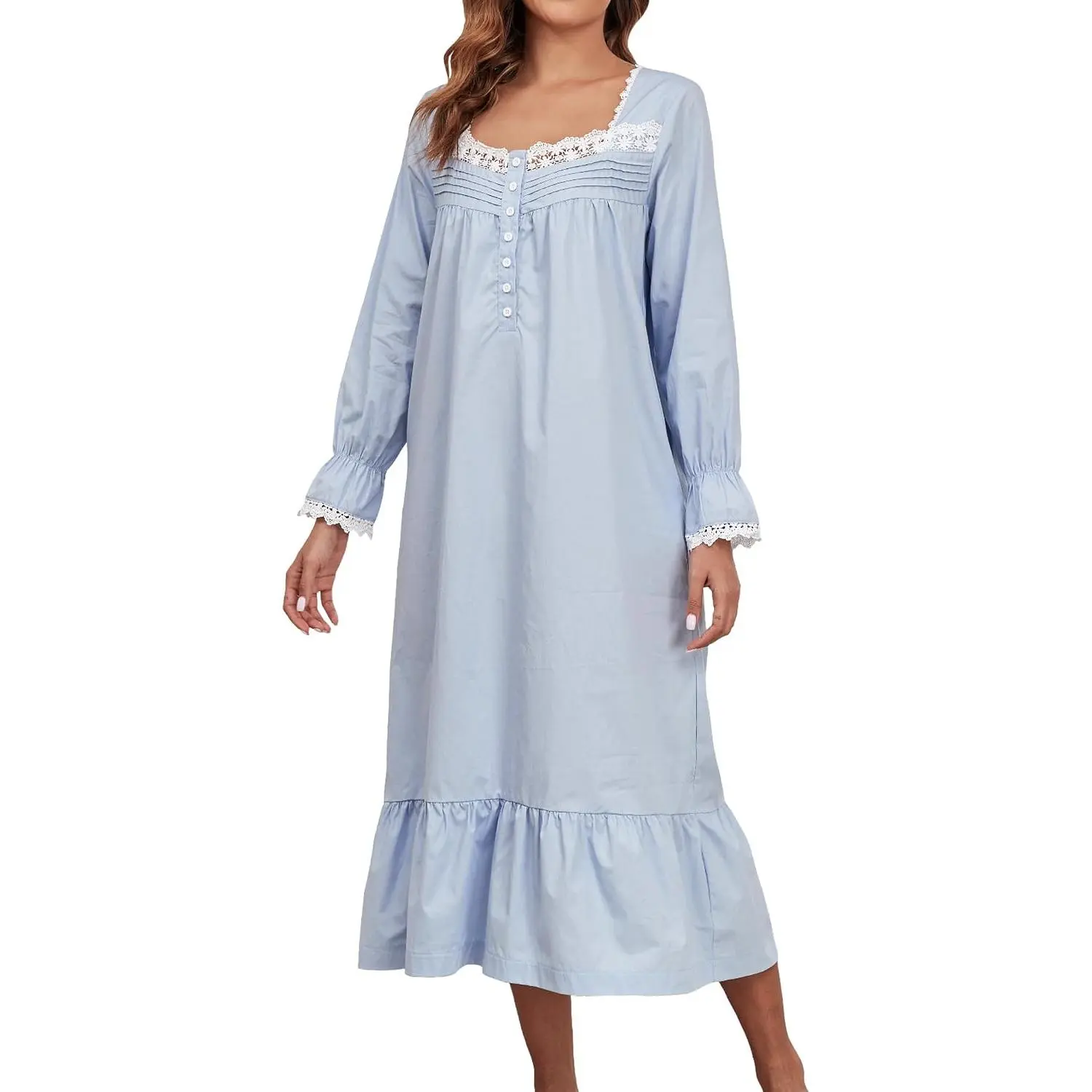 Viakeo Women's 100% Cotton Victorian Nightgown - Long Sleeve Comfy Nightwear, Loungewear House Garment With Pockets, Breathable Fabric