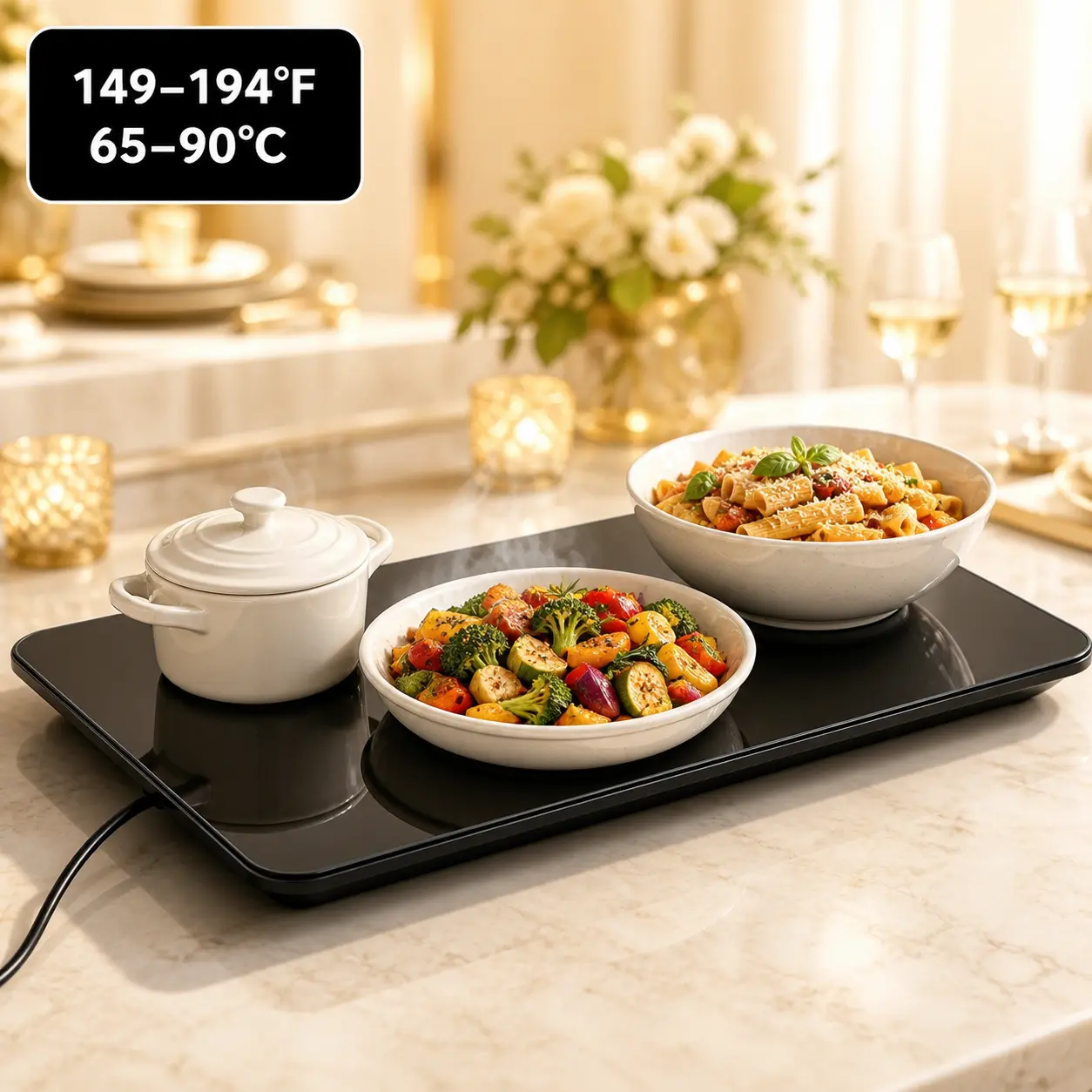 16.5" x 11" Electric Warming Tray, Portable Tempered Glass Food Warmer with 149–194 ° F (65–90 ° C) Temperature Range for Buffet, Parties, Catering & Gatherings