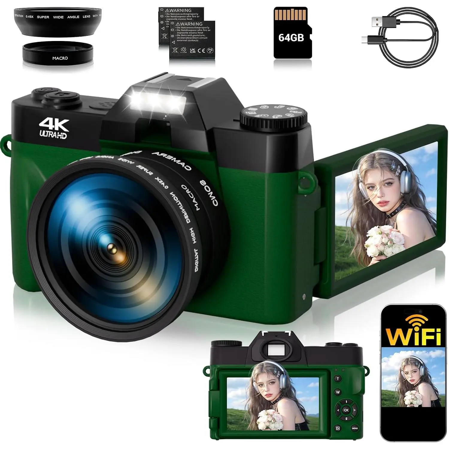 4K Digital Camera for Photography, 75MP WiFi Vlogging Camera for YouTube, 3" 180° Flip Screen Point and Shoot Camera with 64GB SD Card, 2 , Compact Travel Camera for Beginners