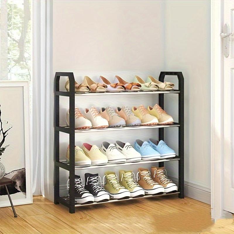 Space-Saving Four-Tier Shoe Rack, Durable Metal Plastic Storage Shelf, Compact Design for Shoes and Boots, and, Ideal for Balcony and Small Spaces