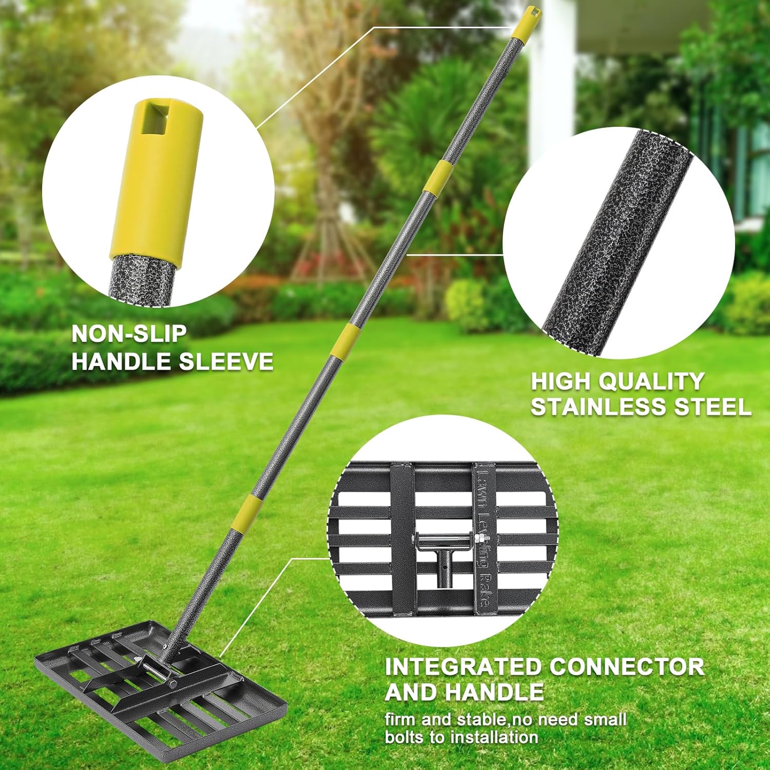 Lawn Leveling Rake | Levelawn Tool | Level Soil or Dirt Ground Surfaces Easily | 18" x 10" Ground Plate | rakes for lawns Heavy Duty 72" Extra Long Handle | Extracted Iron Metal Black