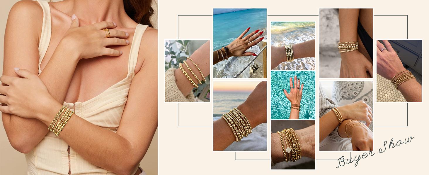 17KM Gold Bracelet for Women Waterproof, Beaded Strand Bead Ball Bracelet stack Adjustable  for Gifts