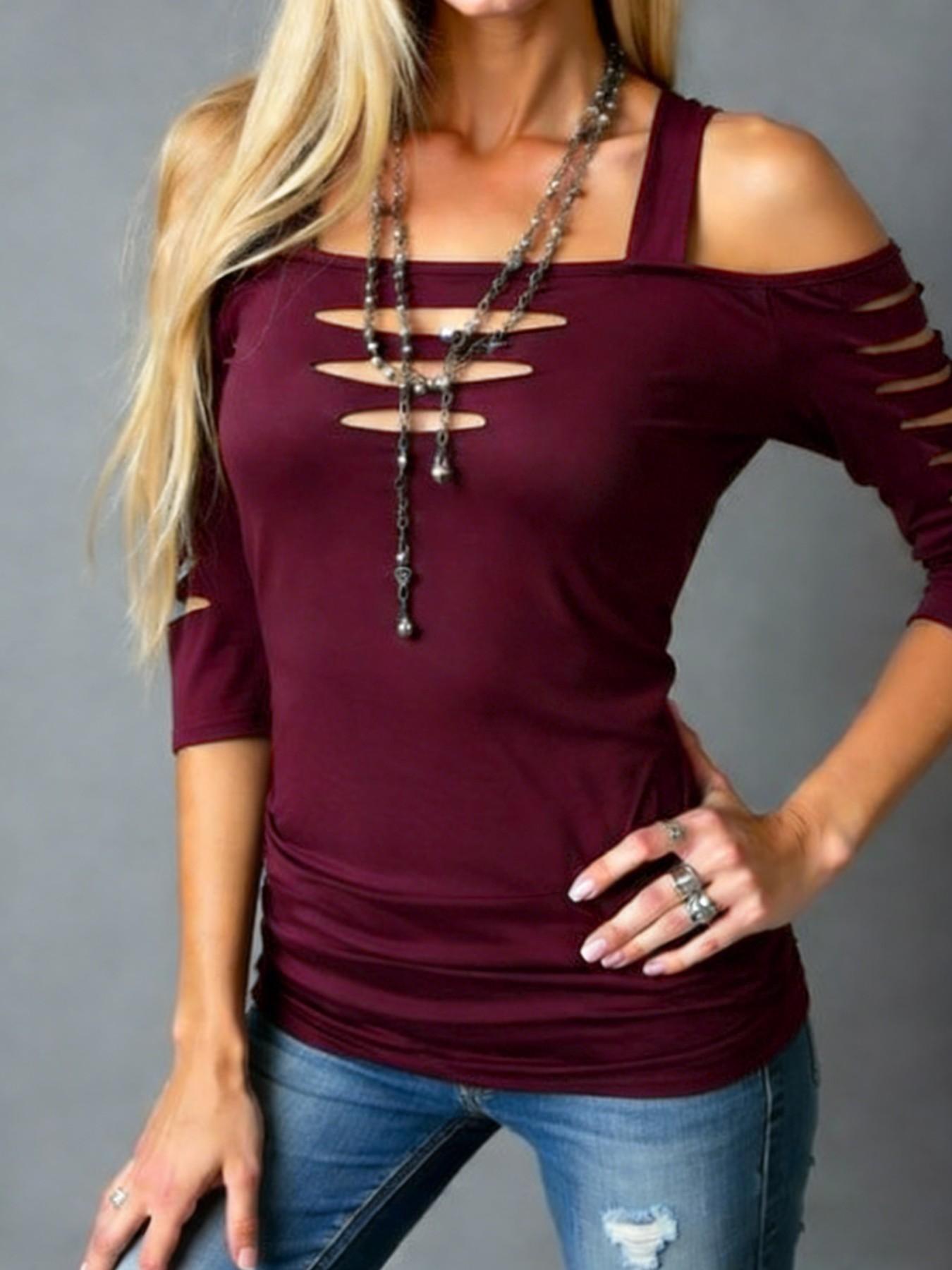 Women's Cut Out Shoulder Three Quarter Sleeve T-Shirt, Side Ruched Design, Soft Elastic Fabric, Casual Daily Wear