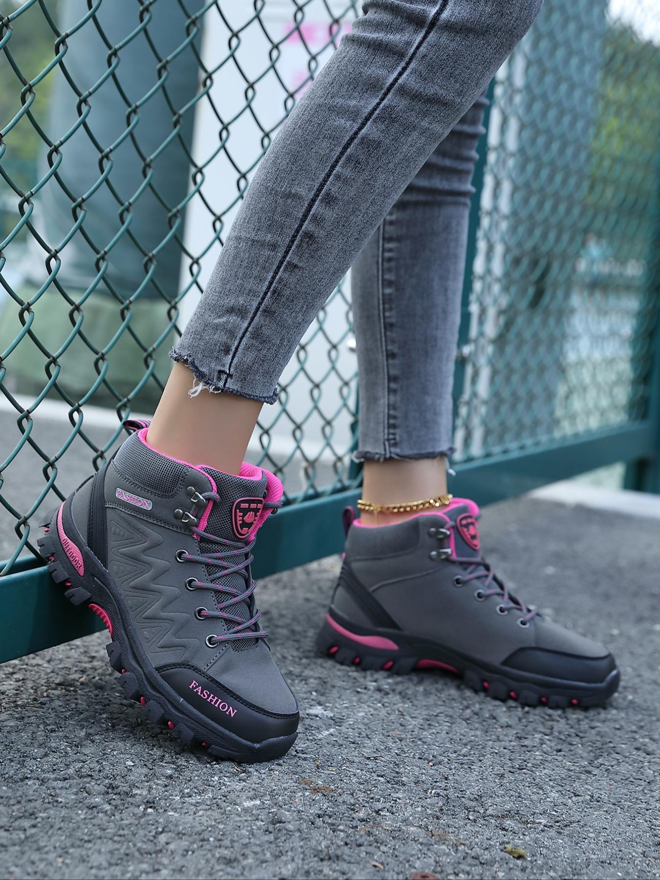 Stylish high-top hiking shoes designed for women, featuring windproof and waterproof performance, sturdy and long-lasting build, perfect for outdoor trekking activities as well as everyday casual outfits.
