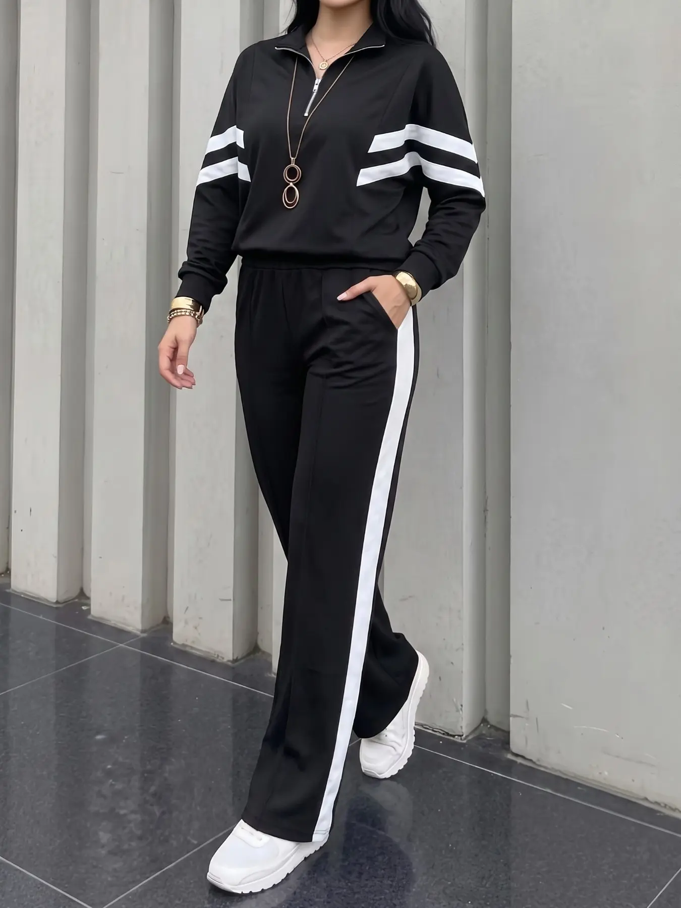 Women's 2-Piece Sports Set, Long Sleeve Half-Zip Hoodie & Sport Pants, Comfortable Soft Workout Clothes, Yoga Gym Wear, Front Pocket, Elastic Waistband
