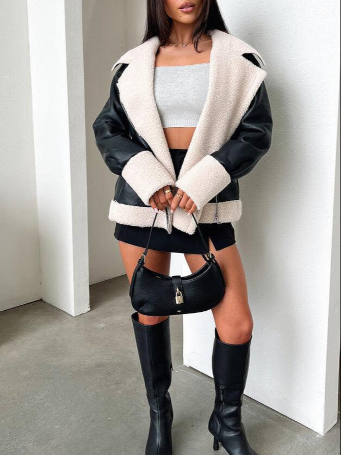 Women's Colorblock Faux Wool Fur Jacket Coat, Warm Winter Travel Outerwear, Stylish Patchwork Design, Soft & Cozy Fabric, Loose