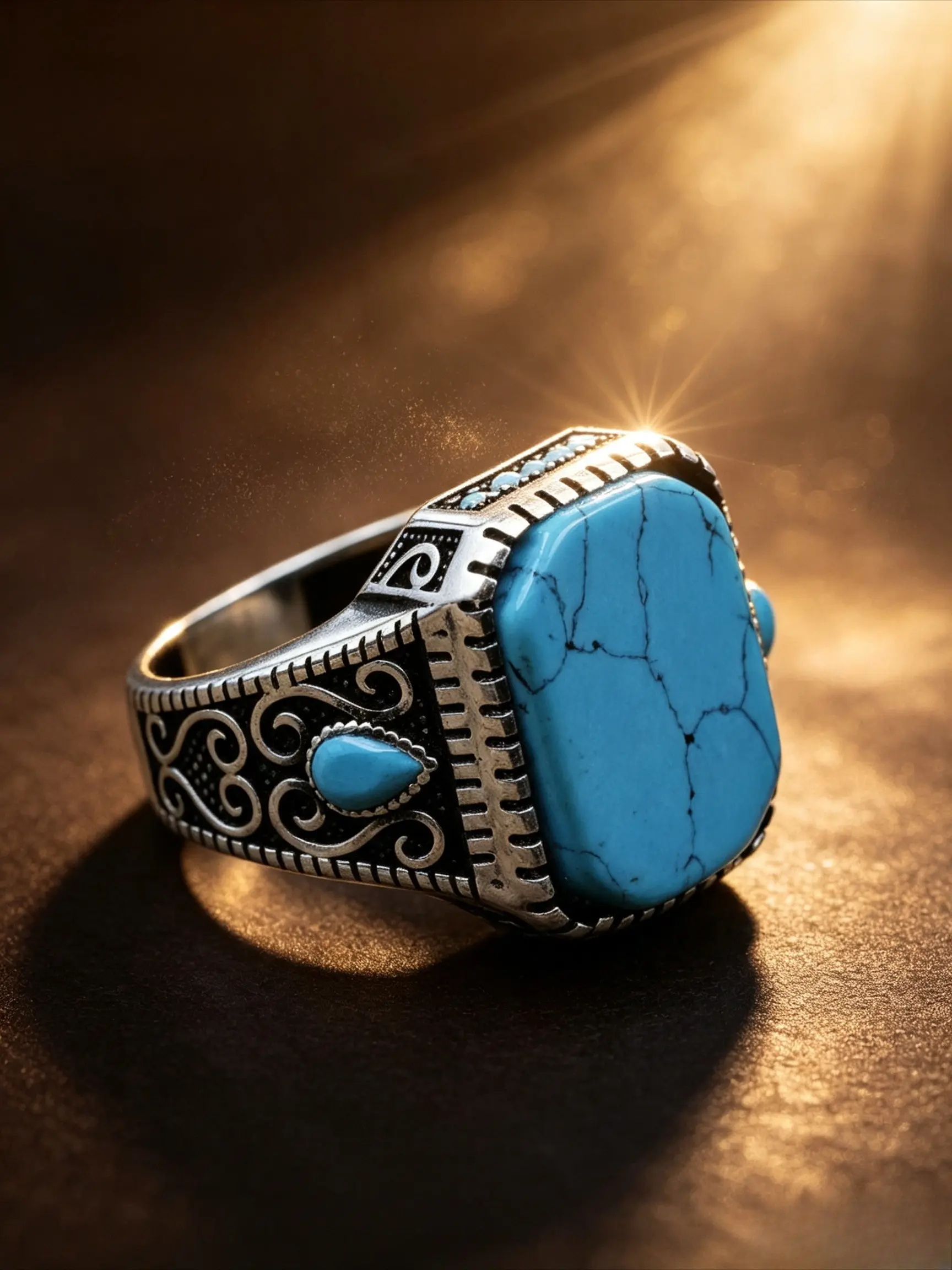 Rectangle Simulated Turquoise Wide Statement Ring for Men, Vintage Scroll Swirl Engraved Stainless Steel Finger Ring, Ethnic Western Retro Jewelry for Travel Street Daily Wear, Antique Silver Plated