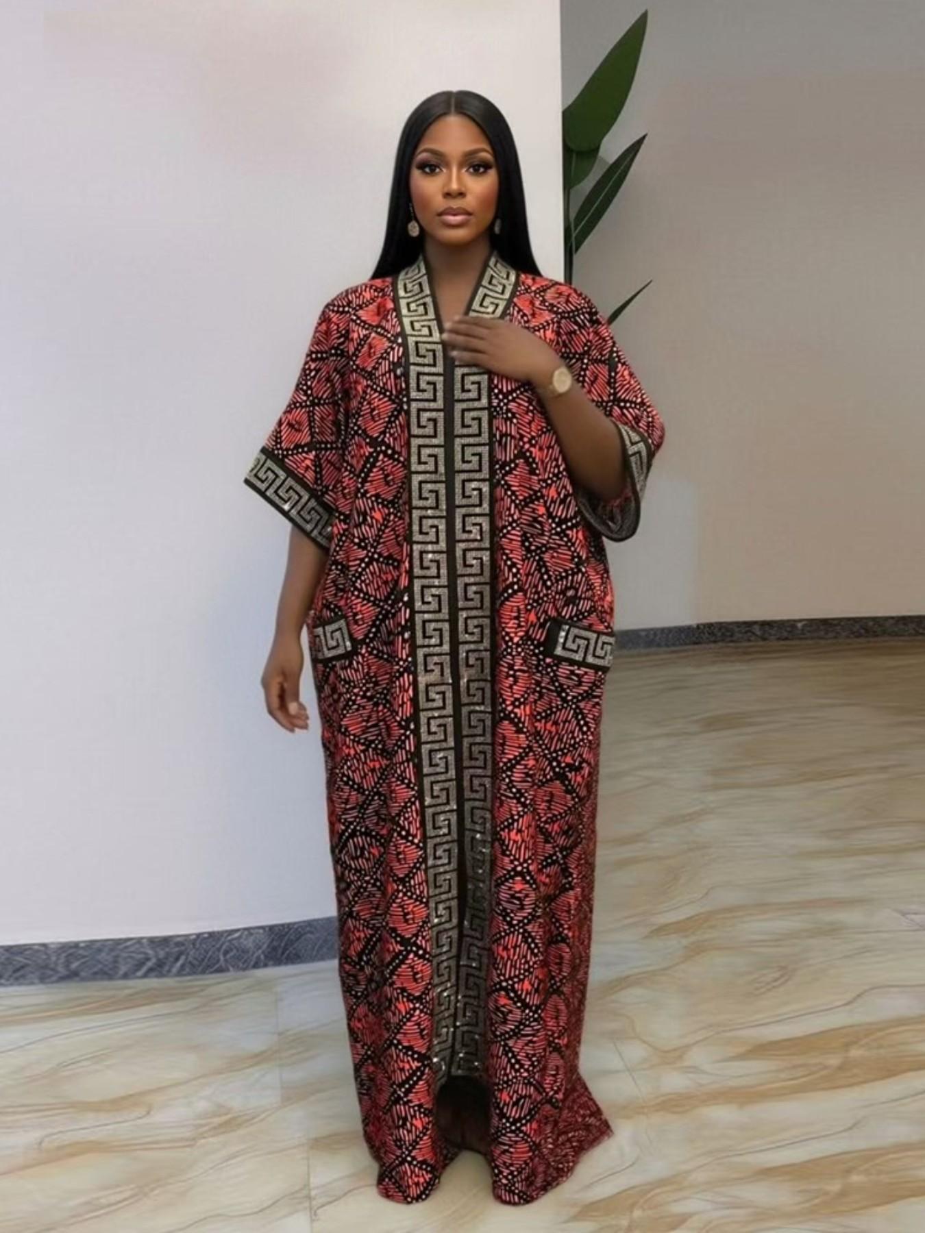 Plus Size African-Style Kaftan Dress for Women, Geometric Print Ethnic Loose V-Neck Boubou with Pockets for Casual Boho Chic Party Wear, Comfortable and Stylish, Bohemian Dress, Boho Dresses