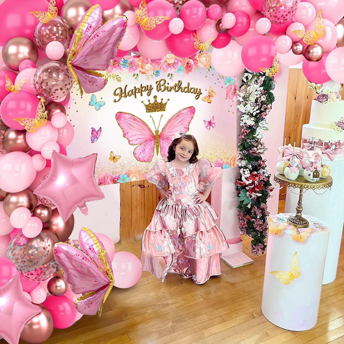 Butterfly Pink/PurpleBalloon Tablecloth Backdrop Set,94pcs Pink Butterfly Latex Balloon Girls Birthday Party Decoration,Happy Butterfly Birthday Balloon Decor