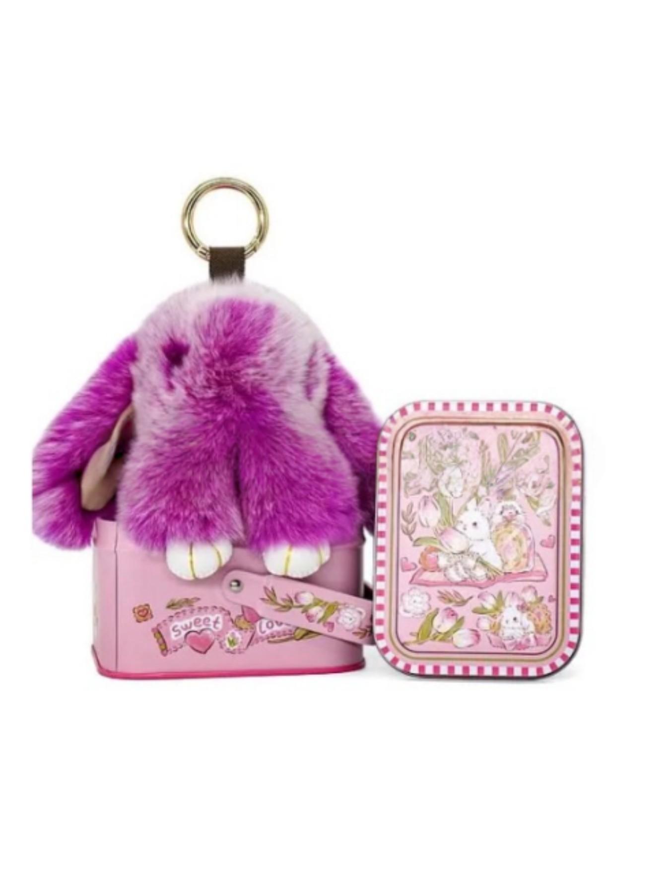 Handmade Rabbit Keychain with Design Tin Box, Creative Gift for Girls, Soft Fuzzy Bunny Pendant, Travel Accessory, Birthday Present
