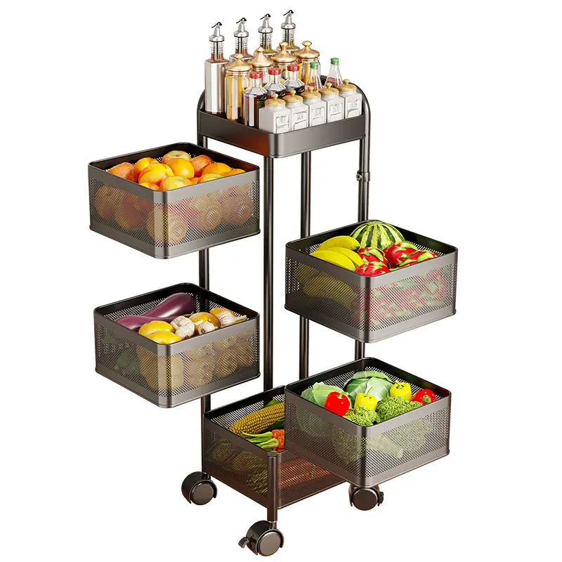 5-Tier Minimalist Steel Magnetic Rolling Fruit & Vegetable Basket Stand - Rotating Storage Cart with Top Cover, 360° Swivel Wheels - Mobile Kitchen Organizer for Dry Goods - Compact Room Decor Rack