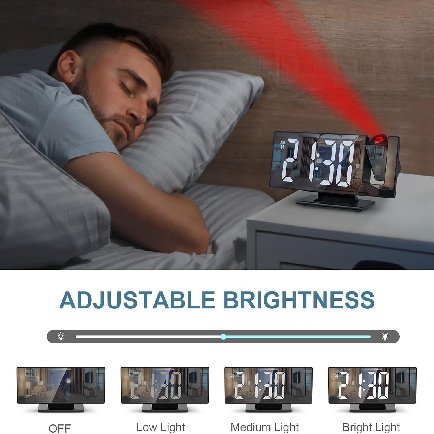 Digital Alarm Clock Projection for Heavy Sleepers, Electronic Mirror Clock with Large LED Screen, 12/24h Temperature Display