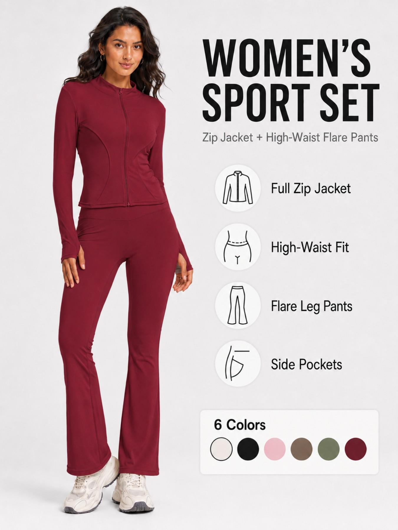 Women's Sport Set 2 Piece Outfits, Slim Fit High Stretch Activewear Running Zip Up Jacket and High Waist Flared Yoga Pants Tracksuit with Pockets Sportswear Set Athletic Clothes Set