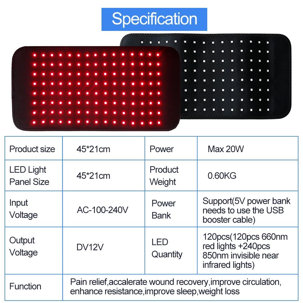 120 LEDs Red Light Infrared Therapy Belt 850nm 660nm Back Legs Arms Burn Fat Wrap Slimming Machine Waist Heat Pad Warming Uterus Stomach 5 Brightness Levels Home Physiotherapy