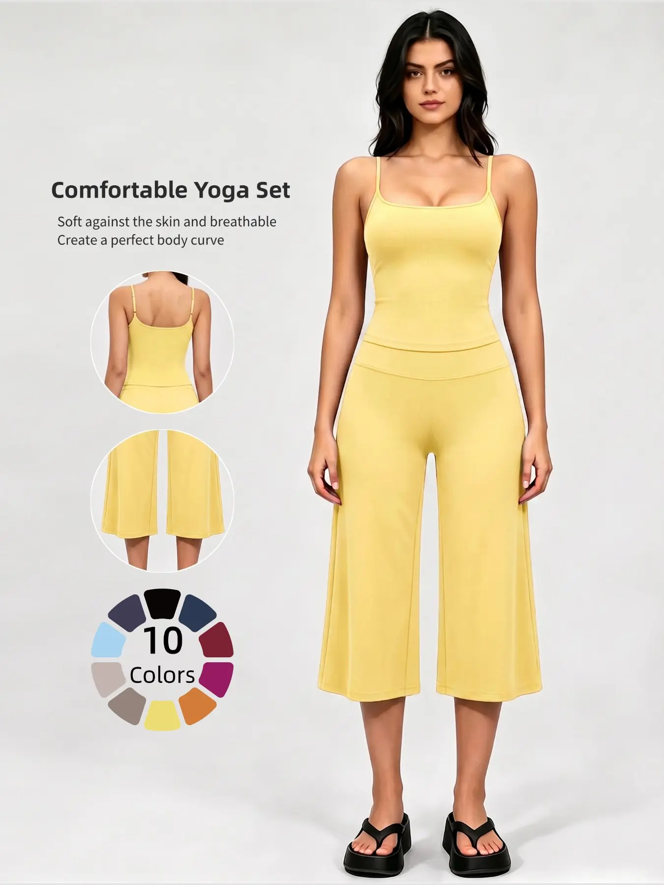 Adjustable Strap Top and High-Waist Wide-Leg Pants Set, Athleisure Summer Fitness Outfit, Soft Stretch Fabric, Sporty Style, Quick Dry, Suitable for Spring Summer Fall