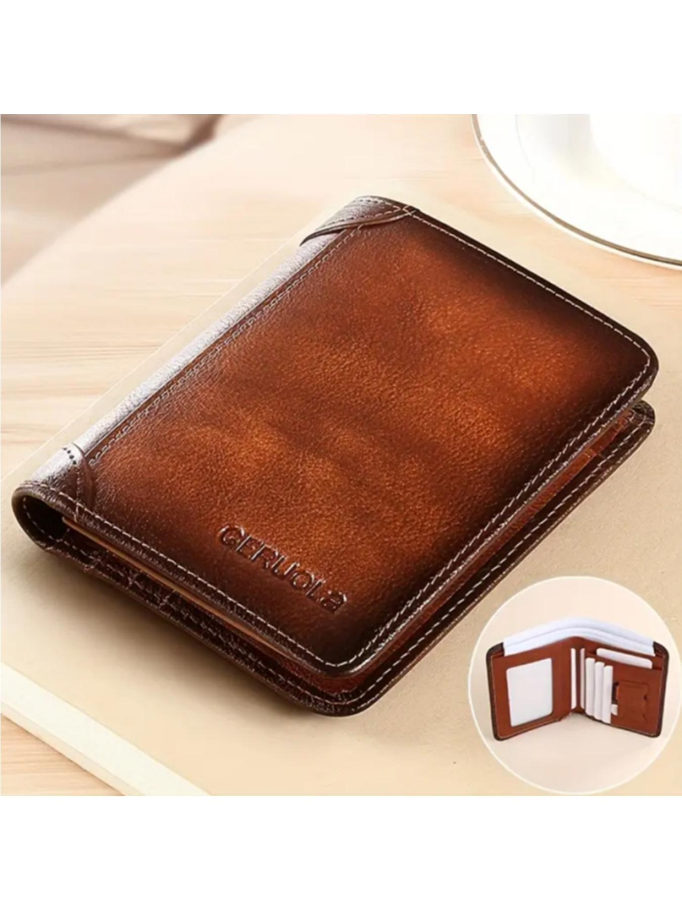 Men's Genuine Leather Business Style Bifold Leather Wallet Business Minimalist Wallet RFID Blocking Ultra-Thin Top Layer Cowhide Short Multifunctional ID Credit Card Holder Christmas Gift Business Wallets