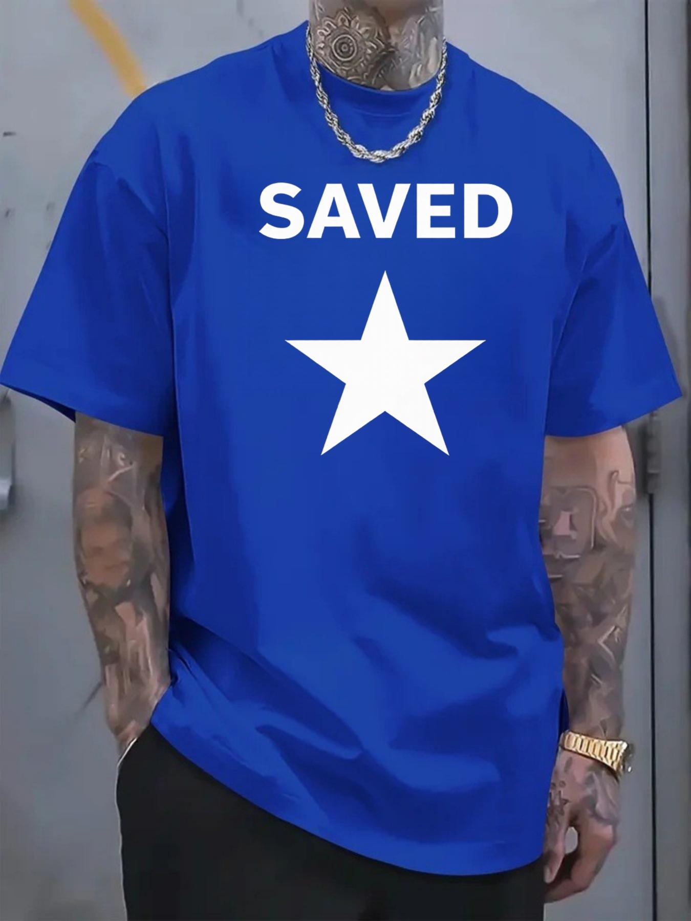 Men's T-shirt SAVED with white star print pattern, trendy short-sleeved casual street wear, versatile top for daily use
