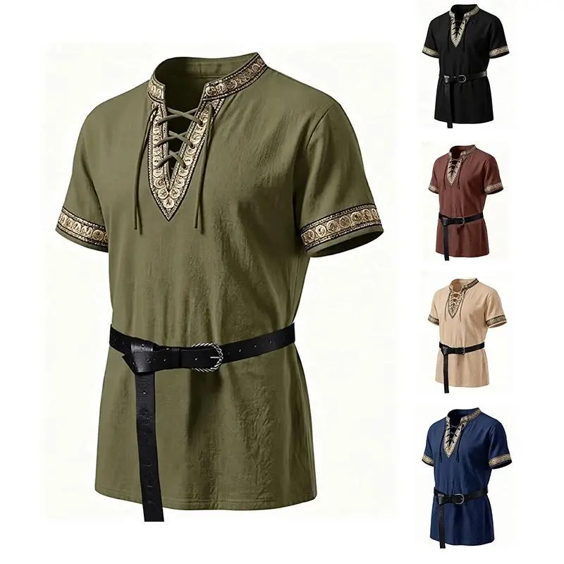 Celtic Knight Medieval Renaissance Nordic Retro Costume Performance Masked Character Role-Playing Short-Sleeved Shirt