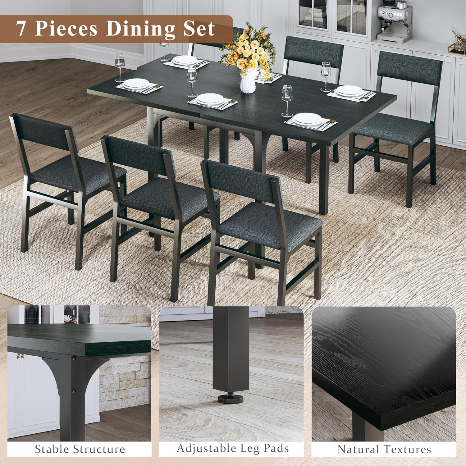7-Piece Dining Table Set for 4-6, Extendable Kitchen Table Cushion Chairs Set of 6 with 6 Chairs, Rectangle Dining Table with Metal Frame & MDF Board, Folding for Small Apartment Saving Space, Black 7-Piece Dining Table Set for 4-6, Extendable Kitchen Table Cushion Chairs Set of 6 with 6 Chairs, Rectangle Dining Table with Metal Frame & MDF Board, Folding for Small Apartment Saving Space, Black