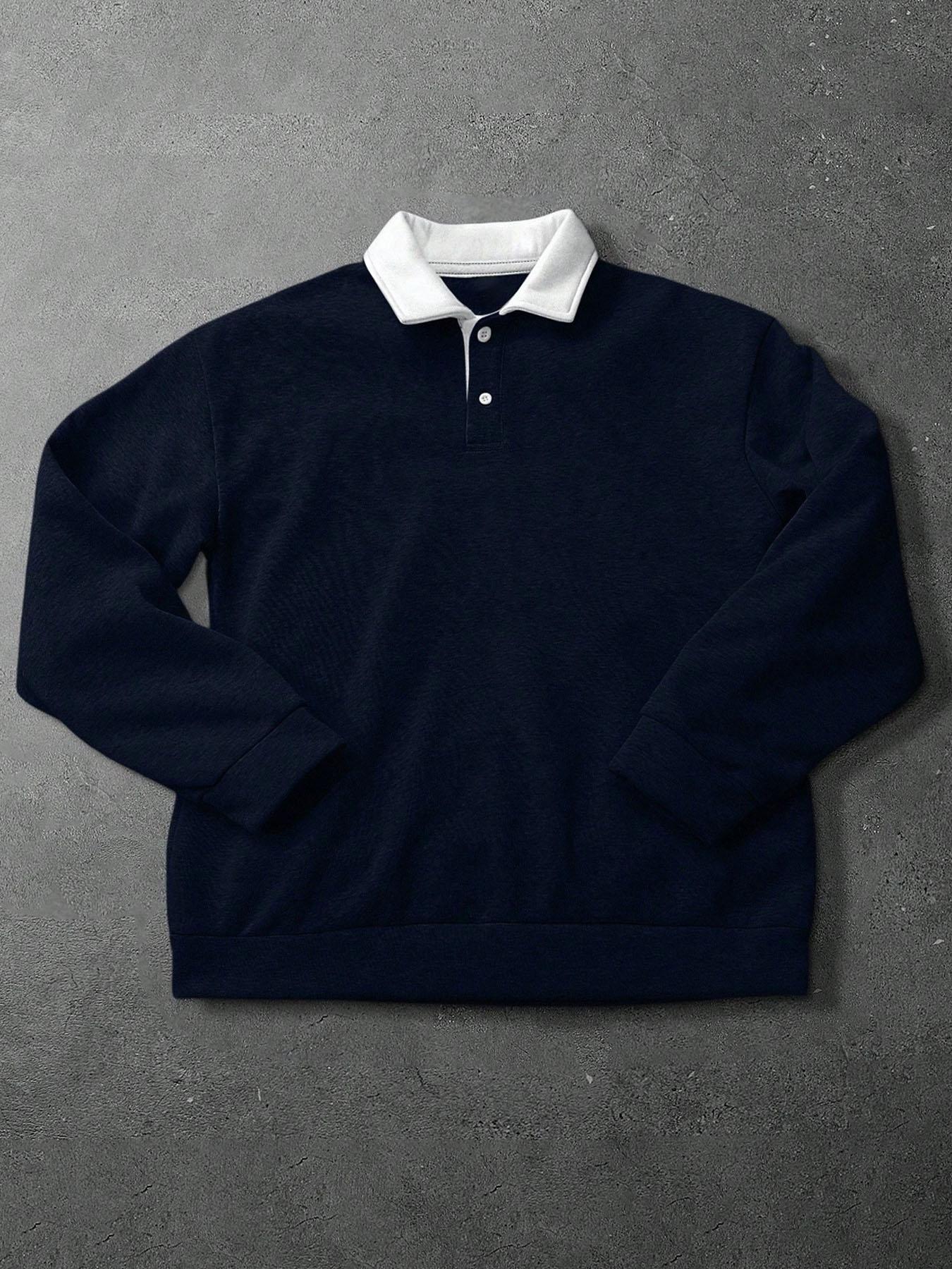 Men's Loose Fit Colorblock Collar Long Sleeve Graphic Polo Shirt, Casual Street Style, Fashionable Outdoor Sports Wear, All Seasons