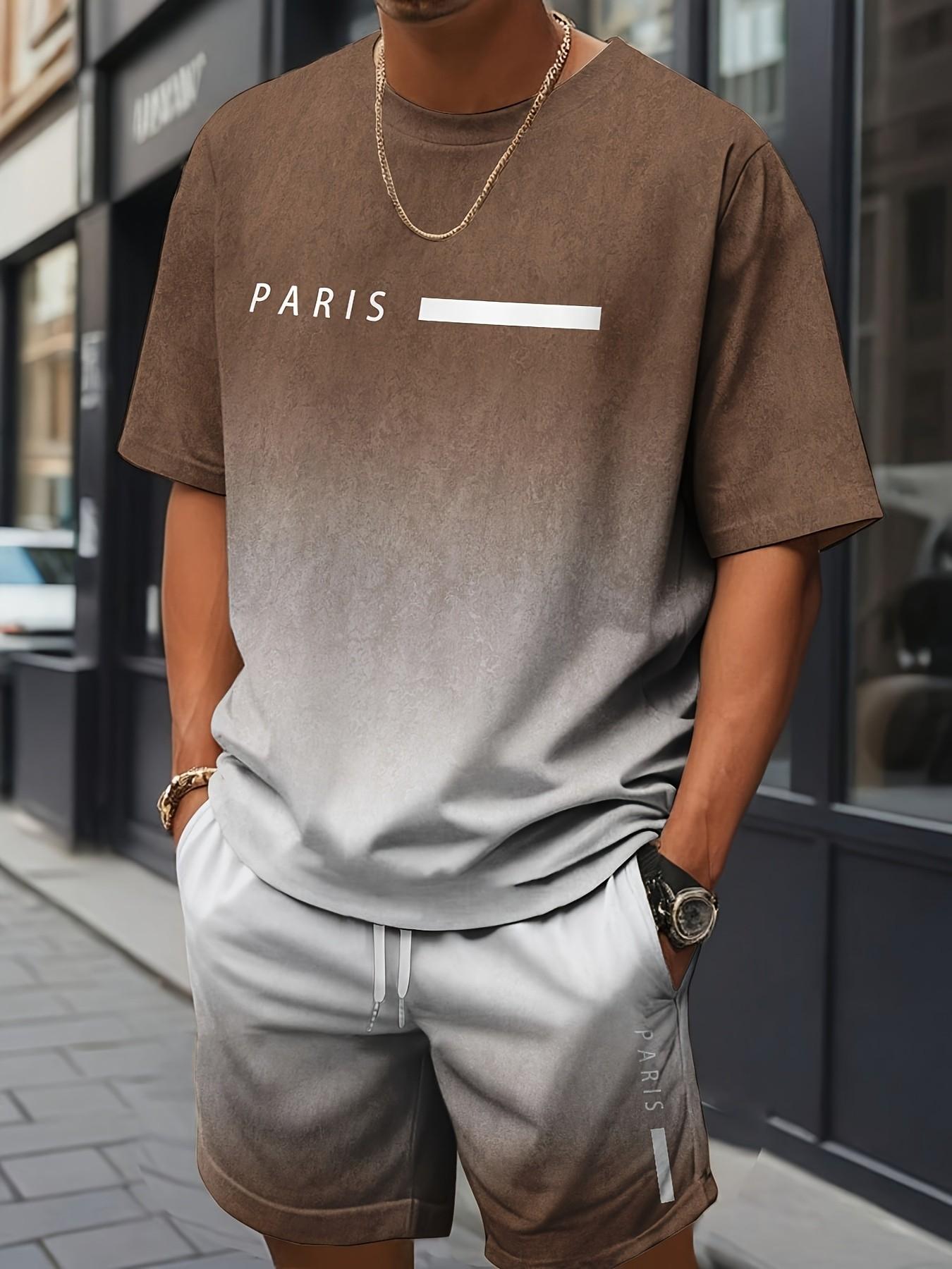 Men's Gradient Fitness Short Sleeve Set, Summer Trendy Sportswear Casual Two-Piece, Fitted Tee and Shorts, Regular Length Men's Gradient Fitness Short Sleeve Set, Summer Trendy Sportswear Casual Two-Piece, Fitted Tee and Shorts, Regular Length