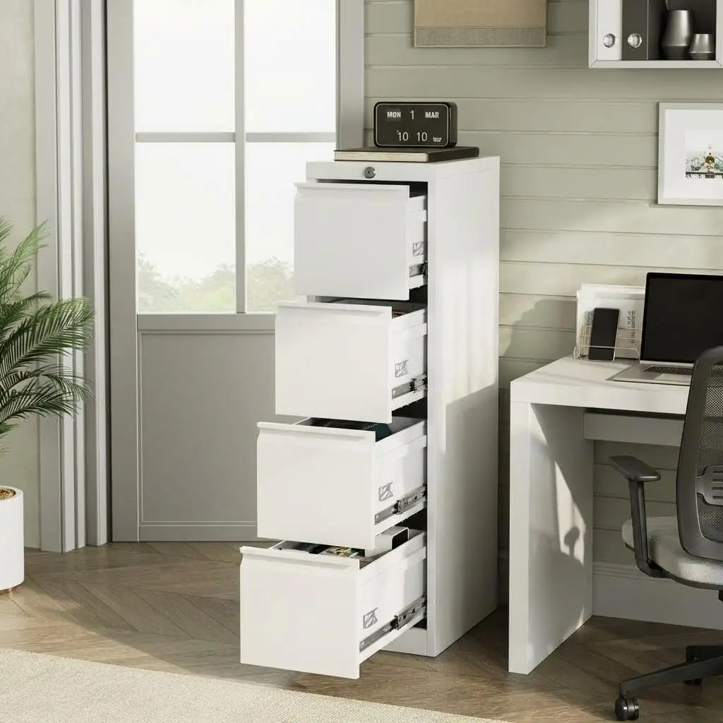 Locking 4-Drawer Vertical Metal Filing Cabinet, Heavy-Duty Steel Office Storage Locker for Home Office, Fits A4/Letter Size, 133x38x45 cm
