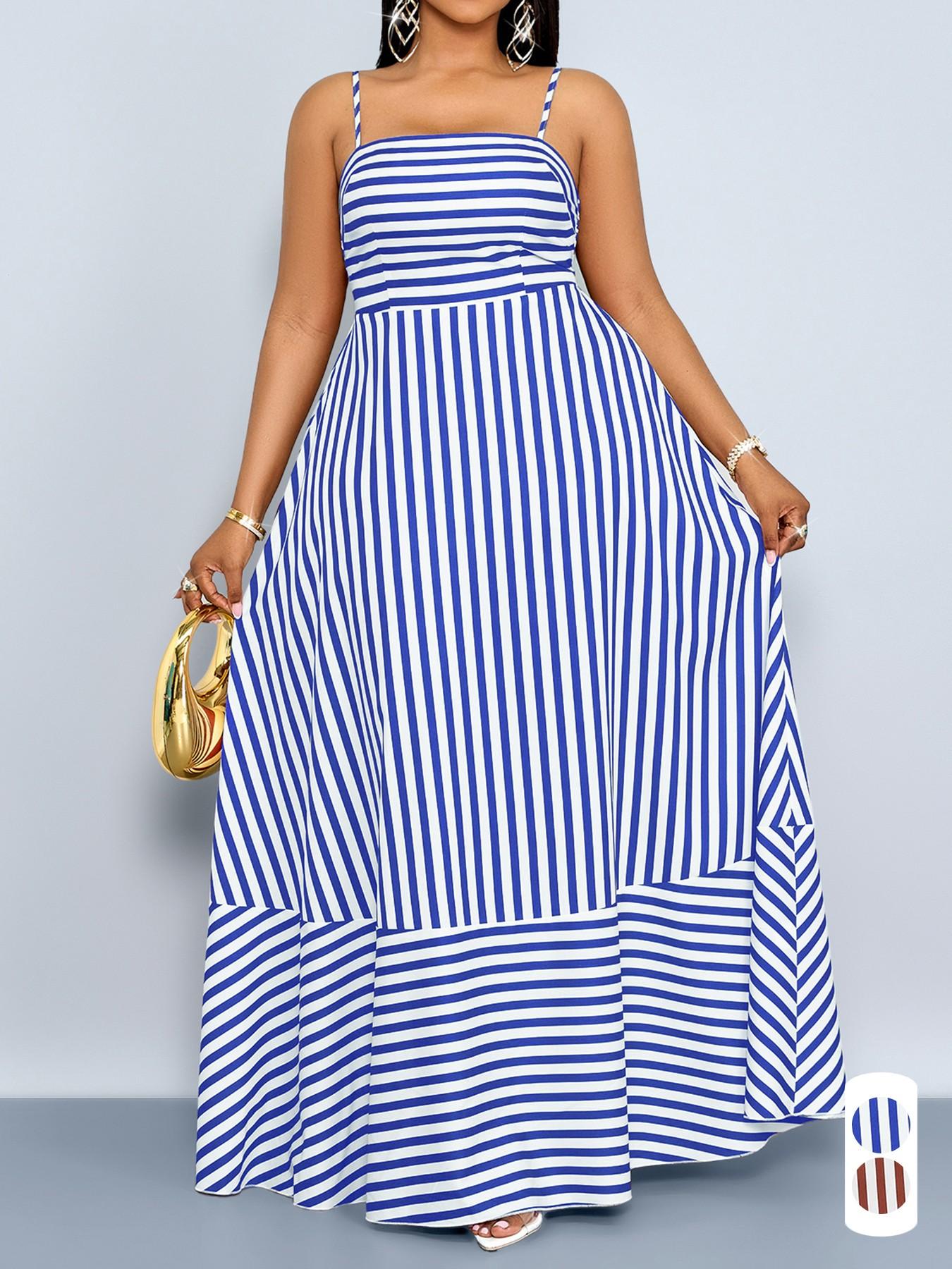 Summer Casual Elegant Striped Women's Plus Size Dress, Thin Strap off Shoulder Waist Cinching Pockets, Perfect for Vacation Beach Commuting, Casual Wear