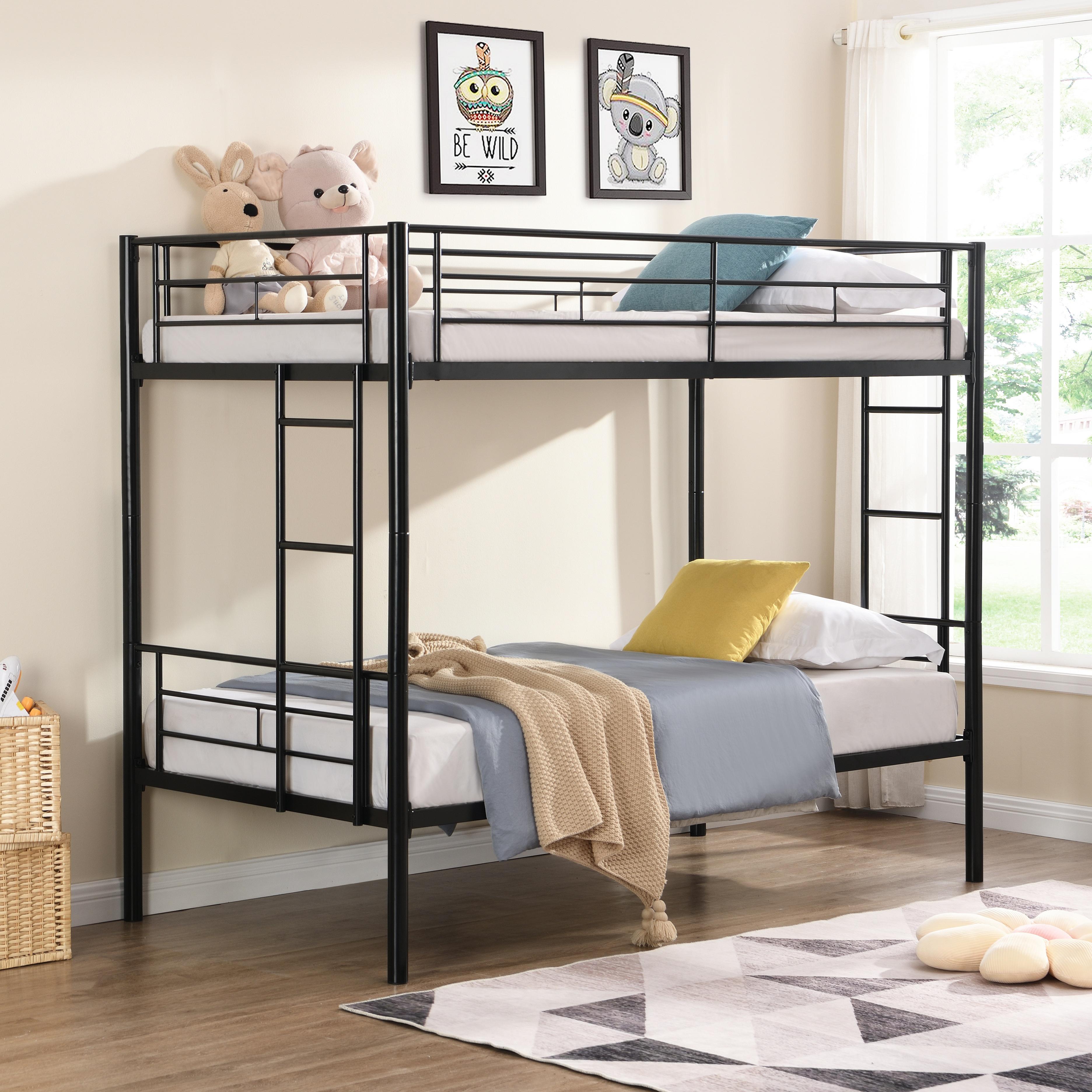 Twin Over Twin Bunk Bed with Built-in Ladder and Safety Guardrail, Heavy Duty Metal Bunkbeds, Convertible Metal Bunk Beds Twin, Space Saving, No Box Spring, Black/White/Pink/Silver