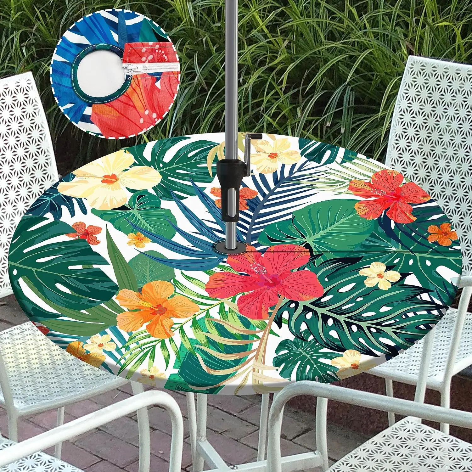 Palm Leaves Round Outdoor Tablecloth with Umbrella Hole Zipper Elastic Waterproof Fitted Cover for Patio Picnic Party Fits 48-52" Diameter Round Tables