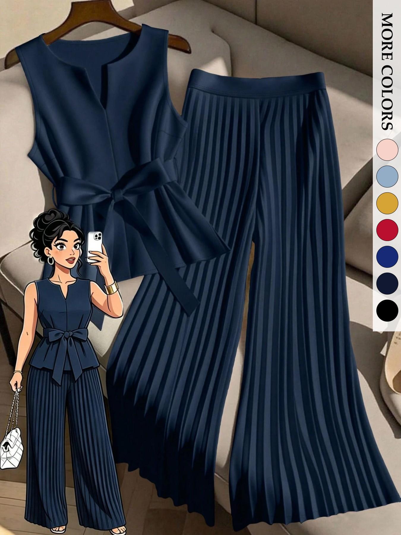 Women's Plus Size Trendy Chic 2 Piece Outfit, Clothes, Sleeveless Top & Pleated Wide Leg Pants Set, Tie Waist V-Neck Plisse Flowy Elegant Office Workwear