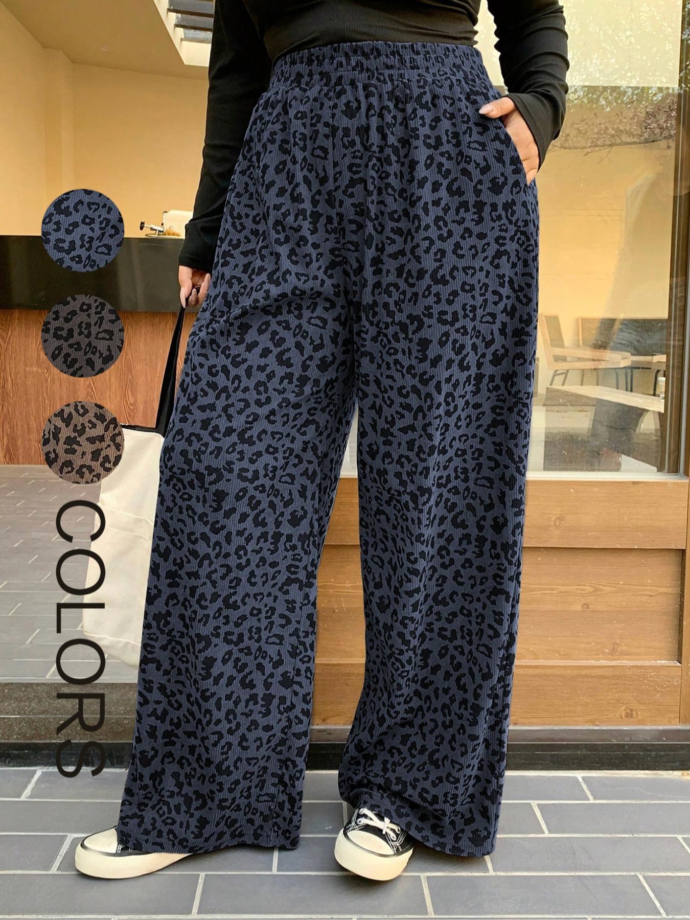 Plus Size Women's Loose-Fit Leopard Print Corduroy Pants with Elastic Waistband, Coffee-Colored Long Pants for All Seasons, Perfect for Back to School and Casual Dates, Casual Fashion Pants