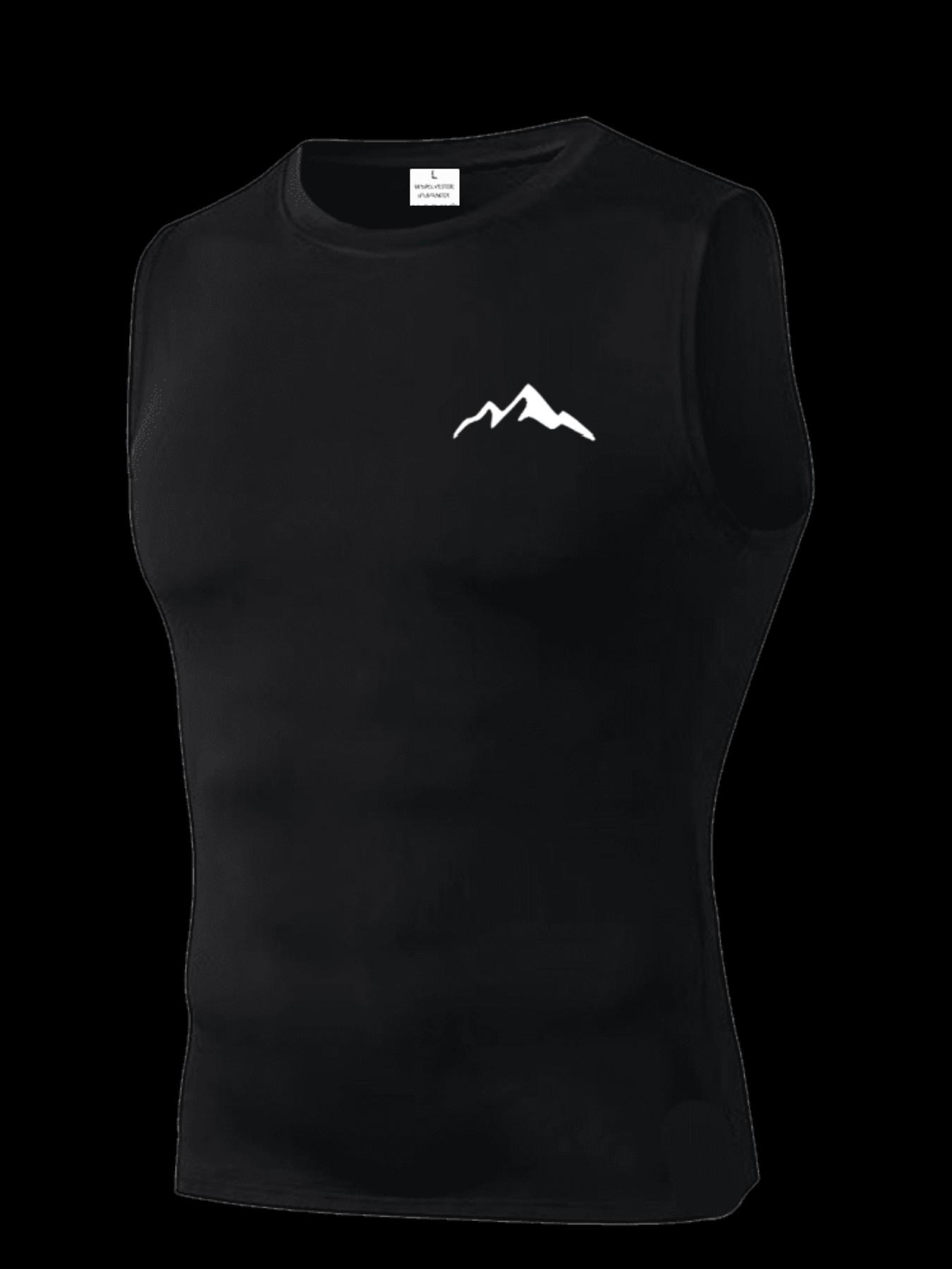 Men's Short Sleeve Sporty Slim-Fit Tee, Quick-Dry Breathable Fabric, Mountain Print, Ideal for Gym, Running, Boxing, Outdoor Activities