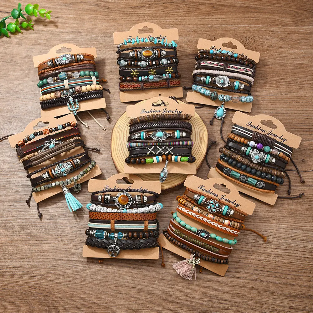 6/12/18Pcs Men's and Women's Bohemian Western Style Wooden Bead PU Leather Bracelet Set, Embellished with Cactus and Turquoise, Simple and Stylish Design, Everyday Workplace Jewelry, Popular Couple's Gift