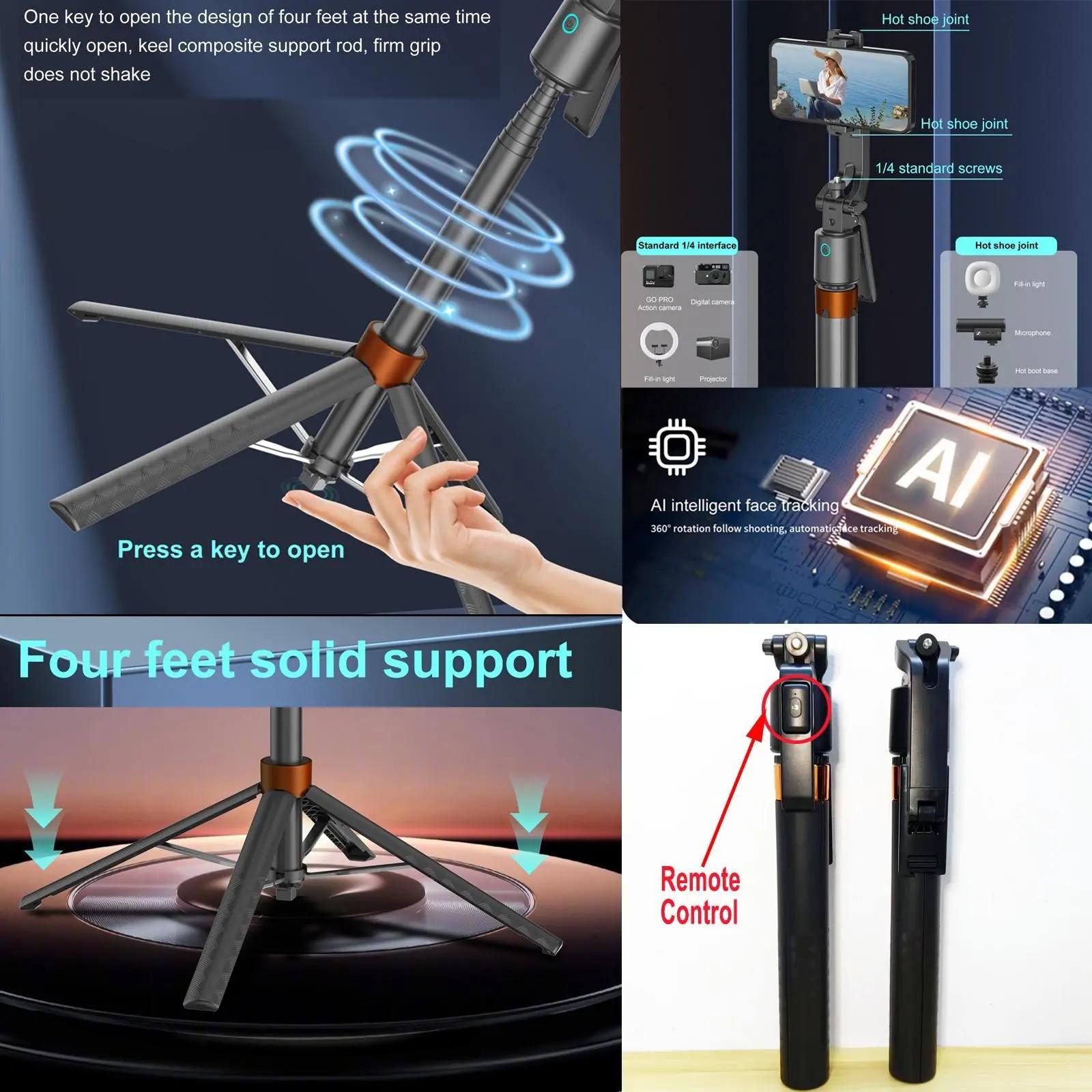 360° Rotatable Selfie Stick Tripod, Live Streaming Tripod with Remote Control, Rechargeable Smart Face Tracking Tripod, 2 LED Lights