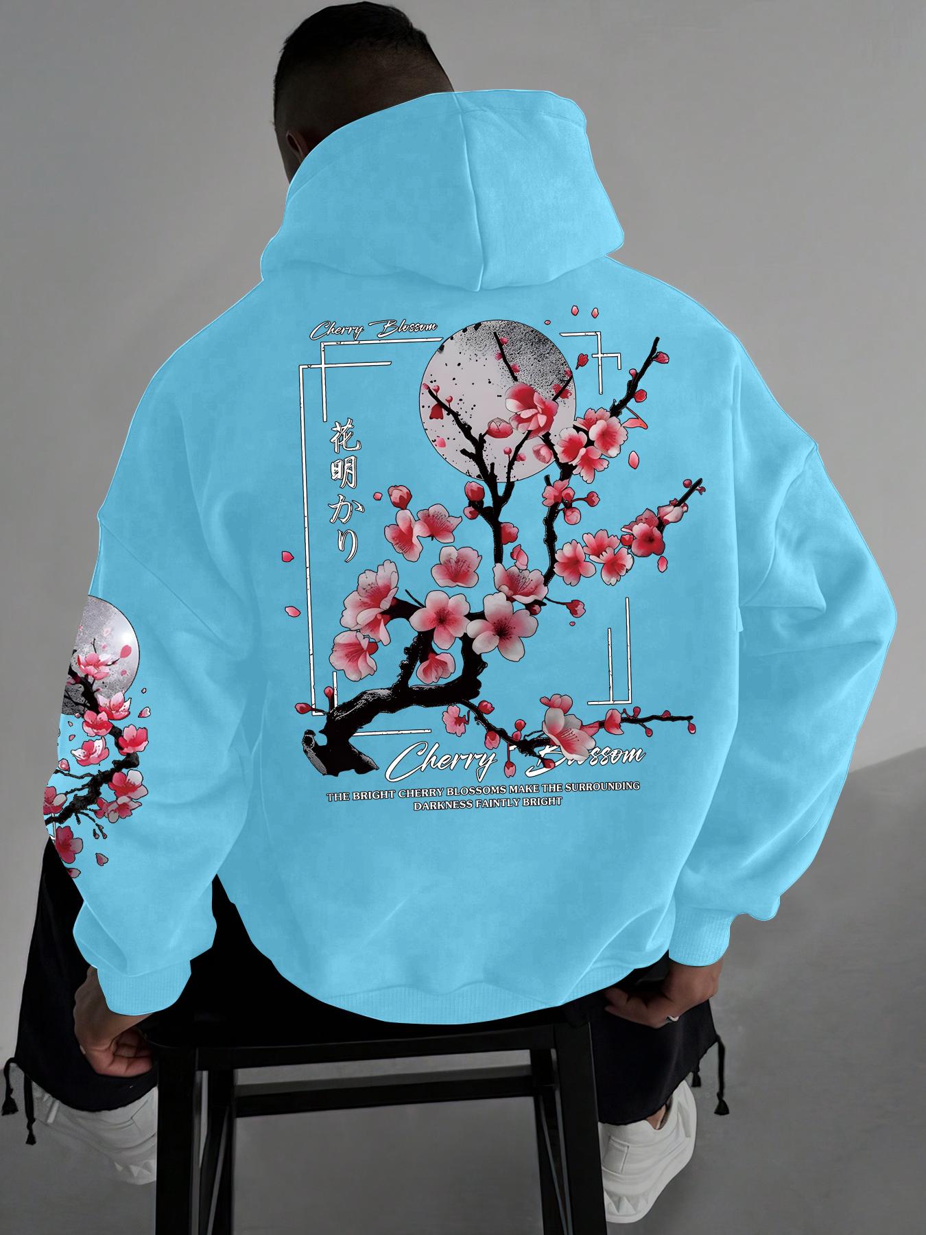 Men's Floral Print Drop Shoulder Thermal Lined Hoodie, Floral Hoodies, Fashion Casual Regular Fit Drawstring Pocket Hooded Sweatshirt, Casual Streetwear Sweatshirt for Daily Holiday Outdoor Wear, Men Clothes for Fall & Winter