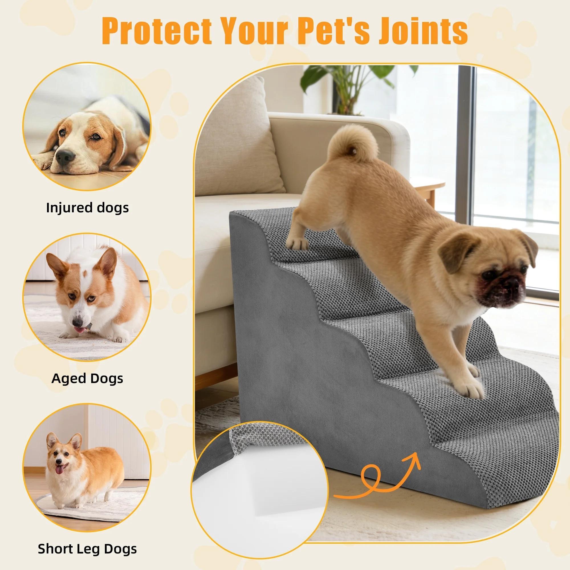 5-Step High-Density Foam Curved Pet Stairs, Non-Slip Dog Steps & Ramp for Small Dogs/Cats, Soft Washable Cover, Gentle Incline Design to Protect Joints, Ideal for Accessing Beds, Couches & High Surfaces