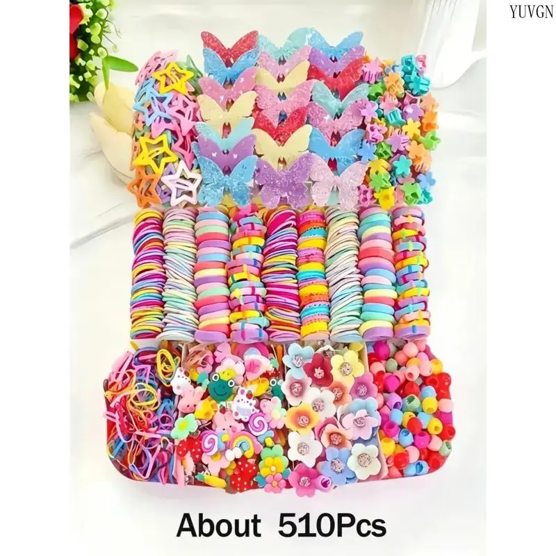 510 pcs/set Pink Butterfly Princess Hair Accessories Set, including high-elastic hair ties that do not damage hair, small rubber bands, star clips, flower clips, small claw clips, suitable for creative everyday hairstyles