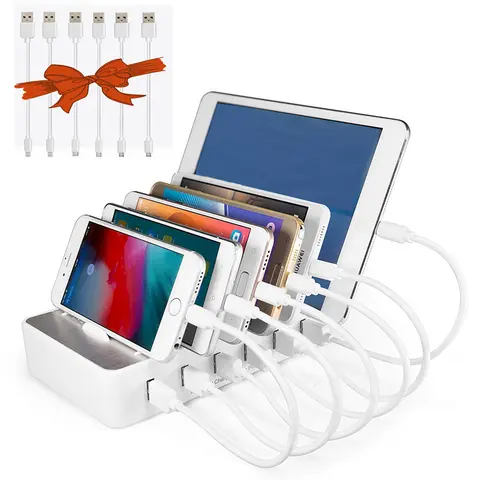 CHARGEKNIGHT 50W 6-USB Port Mobile Electronic Charger Power Hub Station - 115 to 120V, EU Type, 10W Fast Charging Dock, Integrated Cable Compatibility, Quiet Transformer, Soft Sleep Lights, Anti-Slip Surface, for Cellphone, Smartphone, Desk Must Haves