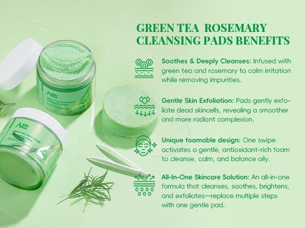 ANAiRUi Green Tea Rosemary Cleansing Pads with Tea Tree Oil, Face Scrub Pads with Bubbles, Exfoliating Make up Remover Deep Cleansing Pads for Face(50pcs)