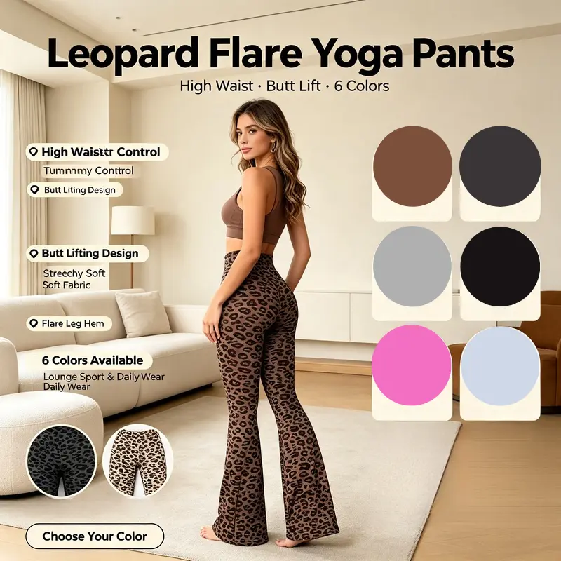 Women’s Leopard Print Flare Yoga Pants, High Waist Butt Lifting Bootcut Workout Leggings, Stretchy Breathable Printed Bell‑Bottom Fitness Long Pants for Sports Daily Wear