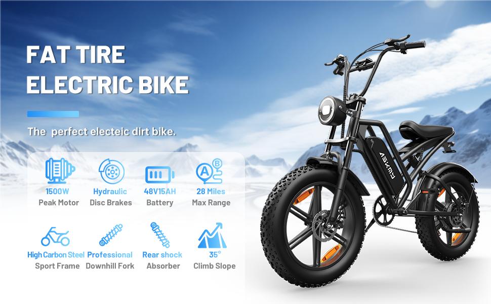 (12 MONTH WARRANTY) ASKMY Electric Mountain Bike with 35 MPH in the pure electric mode, paired with pedal assist;15 Ah battery; 20'' * 4'' fat tires; 7 speed gears; eco-friendly e-bike for adventure lovers, hunting lovers, urban youths on virous terrains