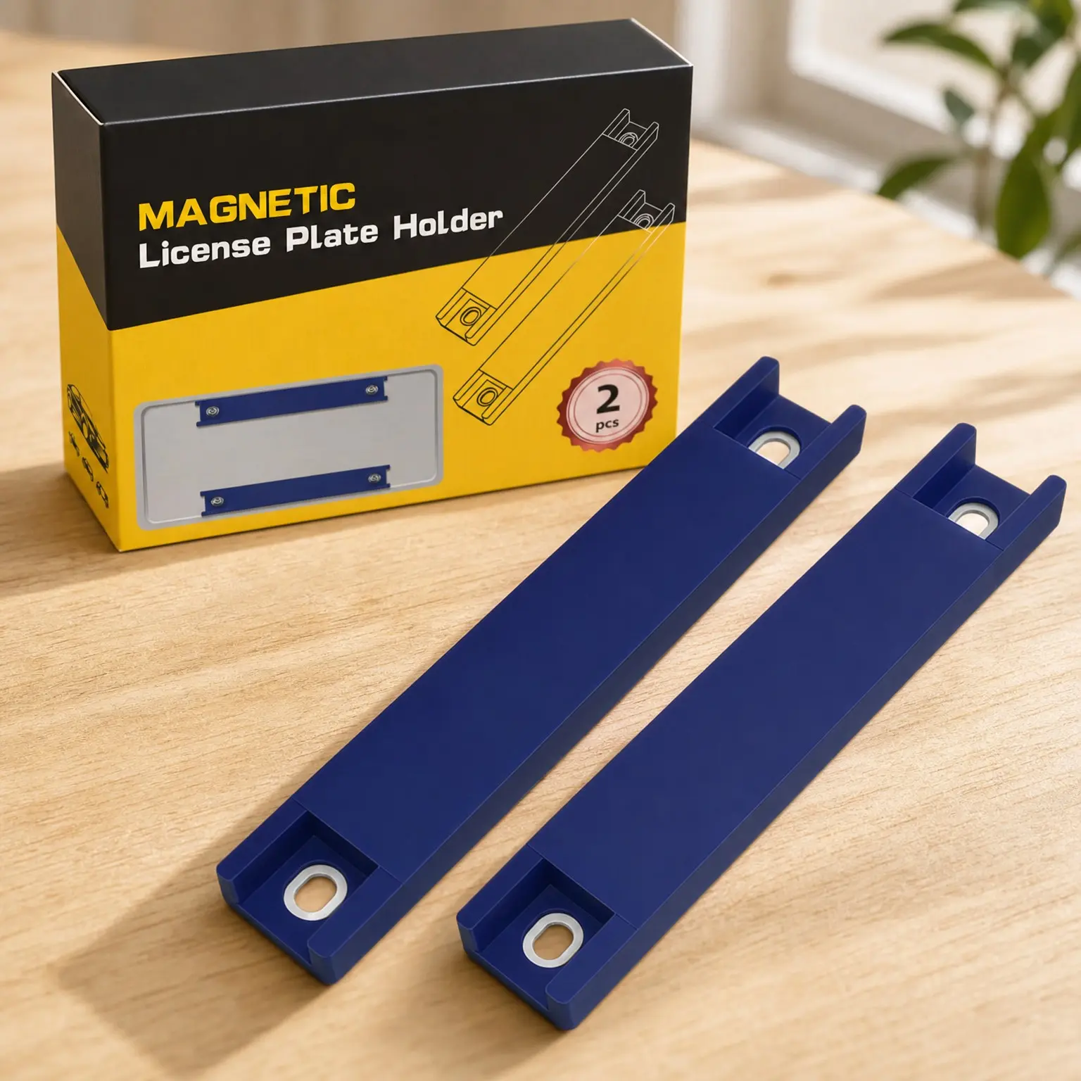 Magnetic License Plate Holder, 2 Pack Rubber Coated Protection Dealer Test Driving Plate Holder Blue Demo Tag Magnet Bar No Drill for Car with ScrewsGift